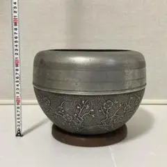 古い火鉢 灰3キロ付 金属 アルミ 丸 鉢 プランター 昭和レトロ ビンテージ
