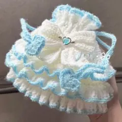フリル リボン 巾着 水色 白　ハンドメイド　編み物 かぎ針