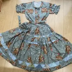 美品 カネコイサオ 果物籠柄パッチワークワンピース ブルーグレー色