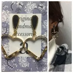 1165-3☺︎しずく型ハラコ風グレーとゴールドのハートのピアス☺︎