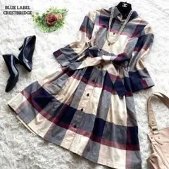 美品✨ブルーレーベルクレストブリッジ ワンピース シャツ リボン チェック 36