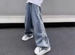 ストリート系 サイドライン ワイドデニムパンツ ユニセックス Y2K XL