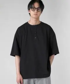 EPIC ヴィンテージ加工半袖ヘンリーネックTシャツ　ブラック　M