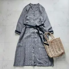 美品 ネストローブ 麻100% シャツワンピース 羽織り バンドカラー チェック