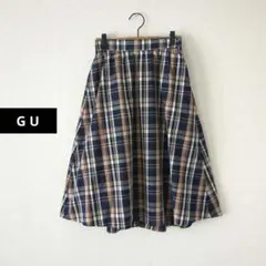 GU★マドラスチェックスカート 膝下 ネイビー ベージュL カジュアル 夏秋