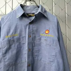 80s　Shell　シェル　石油　企業ロゴ刺繍　長袖　ワークシャツ　ビンテージ