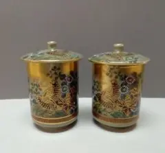 九谷焼　蓋付夫婦湯呑「本金うずら」未使用