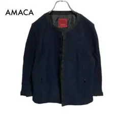 【AMACA】ノーカラージャケット(38)裏地あり 麻 リネン フォーマル 紺色