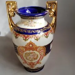 花器 中国製 薔薇 金彩 紺色 耳付