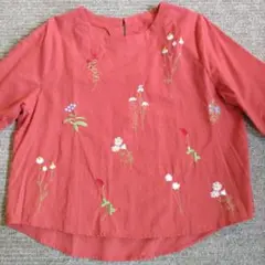 花柄刺繍 オレンジコットン麻 五分袖 トップス　　新品