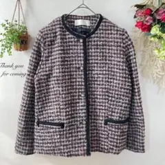 【Amica】レディース ノーカラージャケット 長袖 厚手 L 大きいサイズ