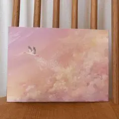 【コウノトリが運ぶ幸せ】　アクリル画　原画　ピンク　鳥　雲　空　インテリアアート