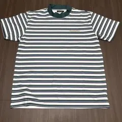 レザレクション 半袖ハイネックシャツ 白×グリーン ボーダー メンズ L