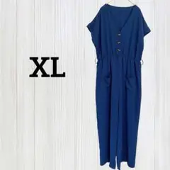 美品✨ネイビー Vネック サロペット【XL】ウエストゴム オールインワン 古着