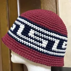 春夏　コットン　クラッシャーハット やや大きめ　エンジ×ネイビー×アイボリー