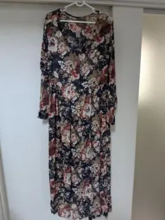 ネイビー 花柄 長袖 ワンピース