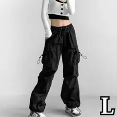 ワイドパンツ レディース パラシュート ゆったり 大きめ 韓国 カーゴ 黒 L