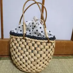 ドット柄巾着付きかごバッグ