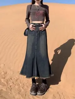 セメントグレーデニムロングスカート❤️春のオシャレに！女子会やデートにぴったり
