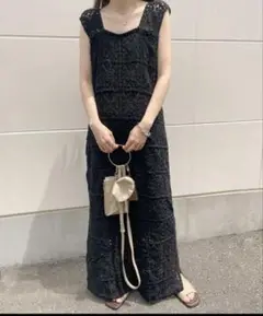 Bab クロシェロングワンピース　ブラック　低身長向け