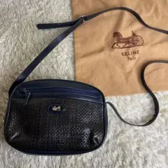 希少 CELINE オールドセリーヌ 馬車ロゴ 編み込み オールレザー ネイビー