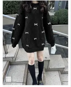 最終値下げ透かしダイヤ柄リボンニットトップス［tU1002］