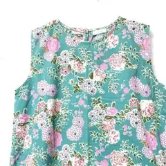 ノースリーブ ひざ丈 大花柄 ワンピース ターコイズブルー❁ Aライン フレア