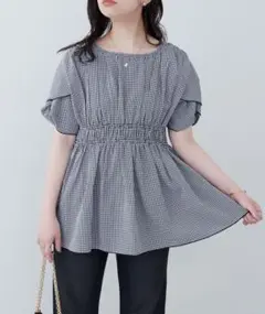 naturalcoutureosonoねじり袖ペプラムチュニックギンガムチェック