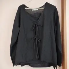 最終値下げHinaさん3L透かし編み 黒 長袖シャツ フロントリボン付き