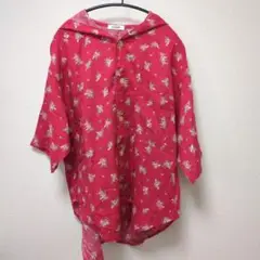 古着 半袖シャツ 赤 花柄 フード付
