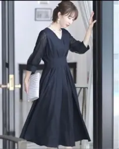 結婚式ワンピースドレス袖ありとロングタックデザイン大きいサイズフォーマルネイビー