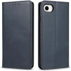 【W44】iPhone16e対応 カート収納手帳型レザーケース（ネイビー）