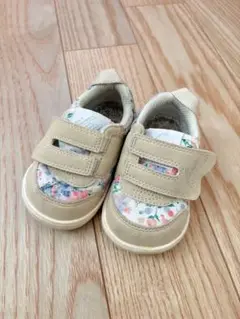 ベージュ 花柄 ベビーシューズ マジックテープ　イフミー　12.5
