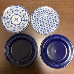青と白の花柄と紺色の皿4枚セット