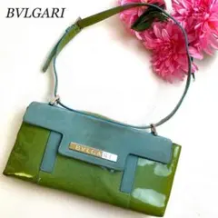 良品✨ブルガリ ハンドバッグ ロゴ刻印 エナメルレザー バイカラー グリーン