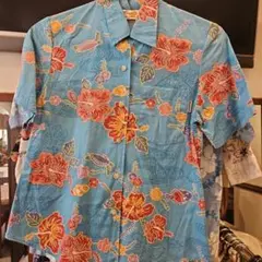 花柄 半袖シャツ 青色 コットン