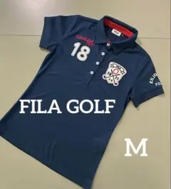 【美品】FILA GOLF レディースポロシャツ M ネイビー 刺繍ロゴ入り