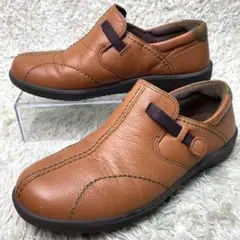 『美品』3E レザースリッポン　ステッチ　キャメル　革靴　シューズ　22.5
