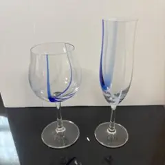 【青のストライプ】 ワイングラス&シャンパングラス 2個セット