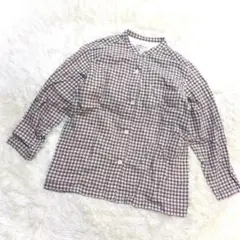 無印良品 シャツ(S-M)ギンガムチェック コットン バンドカラー ブラウン
