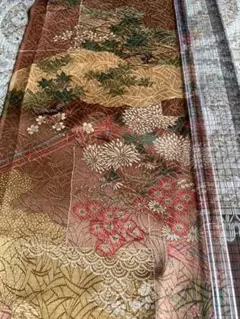 金茶系庭園柄着物生地④17×130