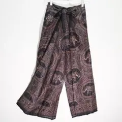 紐付ラップパンツ　タイパンツ　線の曼荼羅の中の鼻上げ象　黒　No.207394