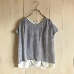 【良品】associer 半袖カットソー　シャツ　ブラウス　青白ゆったりb142