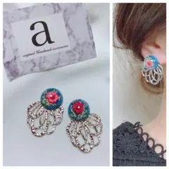2291-3 2way☺︎ブルーとピンクのフラワーピアス×シルバーフラワー☺︎