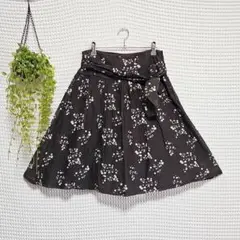 ☆ESPRIT (XS) ミモレ丈 フレア 総柄 ウエストリボン スカート 茶