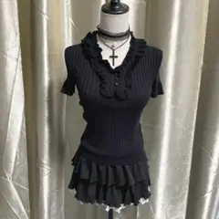 半袖リブニット ダークコア coquette フリル タイト
