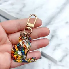 【セール】ステンドグラス風 猫 キーホルダー ゴージャス