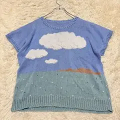 m1239 美品✨半袖ニット XL相当 大きいサイズ 雲 個性的 ゆるだぼ