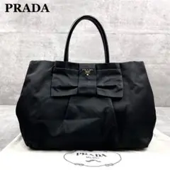 【極美品・鑑定済み✨】PRADA ハンドバッグ リボン ロゴ金具 ナイロン 黒