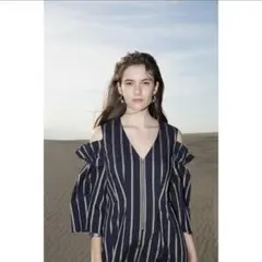 Arobe ストライプ柄 シャツワンピース 半袖 ネイビー×ゴールド